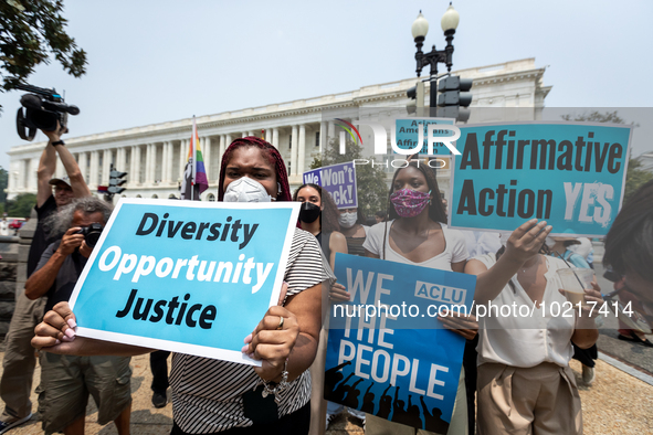 People protest the US Supreme Court ruling that universities cannot consider race in admissions.  The pair of cases brought by Students for...