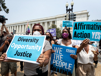 People protest the US Supreme Court ruling that universities cannot consider race in admissions.  The pair of cases brought by Students for...