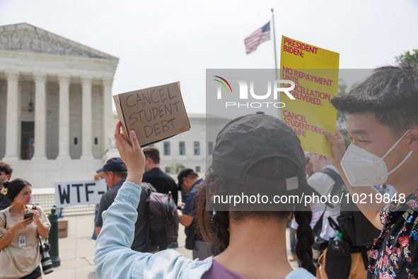 Demonstrators gather outside of the Supreme Court in Washington, D.C. on June 30, 2023 following the Supreme Court's ruling that President B...