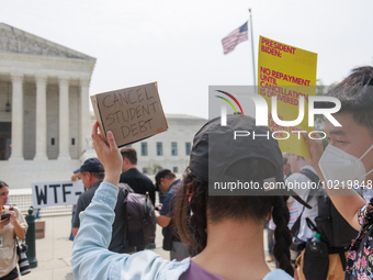 Demonstrators gather outside of the Supreme Court in Washington, D.C. on June 30, 2023 following the Supreme Court's ruling that President B...