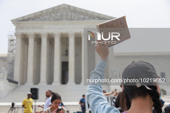 Demonstrators gather outside of the Supreme Court in Washington, D.C. on June 30, 2023 following the Supreme Court's ruling that President B...