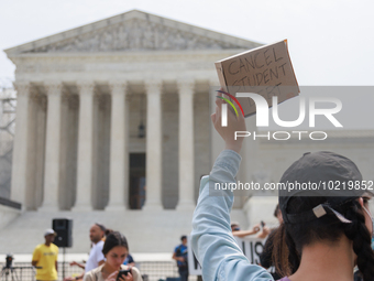 Demonstrators gather outside of the Supreme Court in Washington, D.C. on June 30, 2023 following the Supreme Court's ruling that President B...