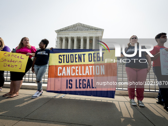 Students protest at the Supreme Court after it rules against President Joe Biden’s student-debt relief program.  The opinion does not prohib...