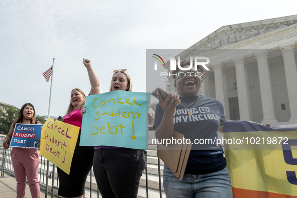 Students protest at the Supreme Court after it rules against President Joe Biden’s student-debt relief program.  The opinion does not prohib...