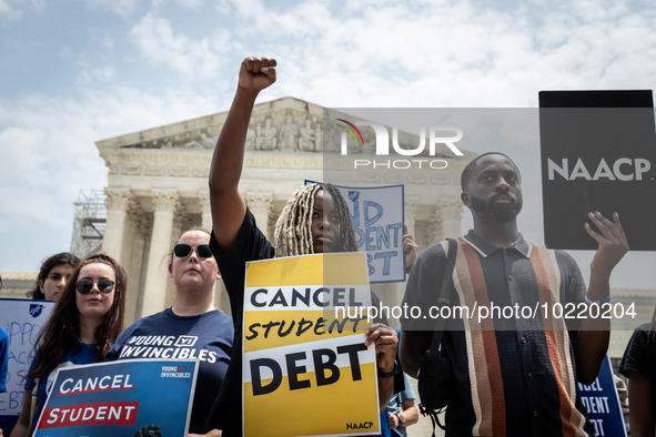 Students protest the Supreme Court's ruling against President Joe Biden’s student-debt relief program.  The opinion does not prohibit studen...