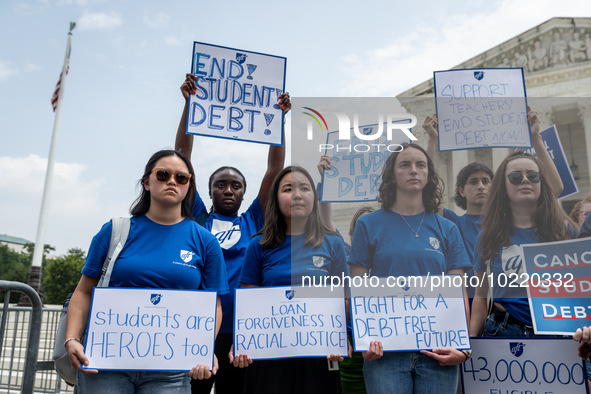 Students protest the Supreme Court's ruling against President Joe Biden’s student-debt relief program.  The opinion does not prohibit studen...