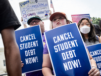 Students protest the Supreme Court's ruling against President Joe Biden’s student-debt relief program.  The opinion does not prohibit studen...