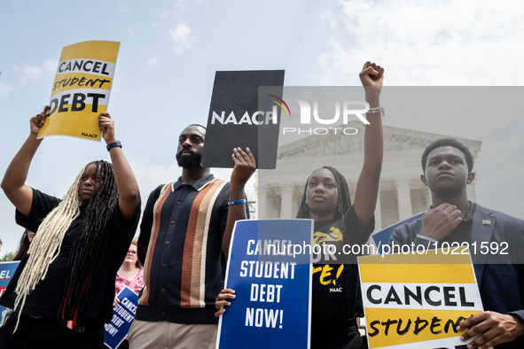 Students protest the Supreme Court's ruling against President Joe Biden’s student-debt relief program.  The opinion does not prohibit studen...