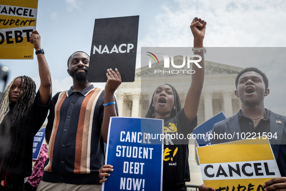 Students protest the Supreme Court's ruling against President Joe Biden’s student-debt relief program.  The opinion does not prohibit studen...