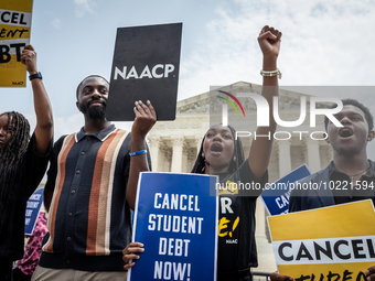 Students protest the Supreme Court's ruling against President Joe Biden’s student-debt relief program.  The opinion does not prohibit studen...