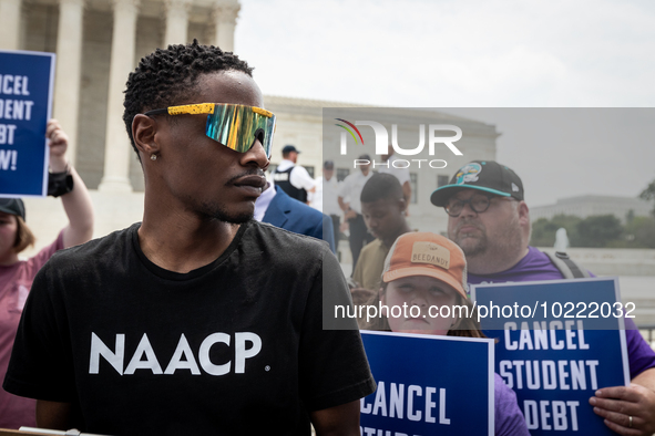 Derrick Lewis emcees a protest of the Supreme Court's ruling against President Joe Biden’s student-debt relief program.  The opinion does no...