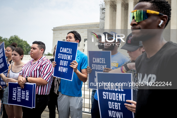 Students protest the Supreme Court's ruling against President Joe Biden’s student-debt relief program.  The opinion does not prohibit studen...