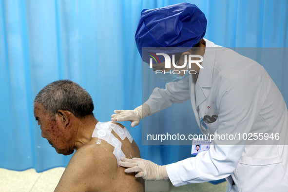 

A doctor at a traditional Chinese medicine clinic is applying "Sanfu stickers" to an elderly person in Zaozhuang, Shandong Province, China...