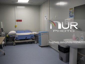 A General view showing a room inside the Central Government-aided Emergency Hospital on July 11, 2023 in Hong Kong, China. The Hospital Auth...