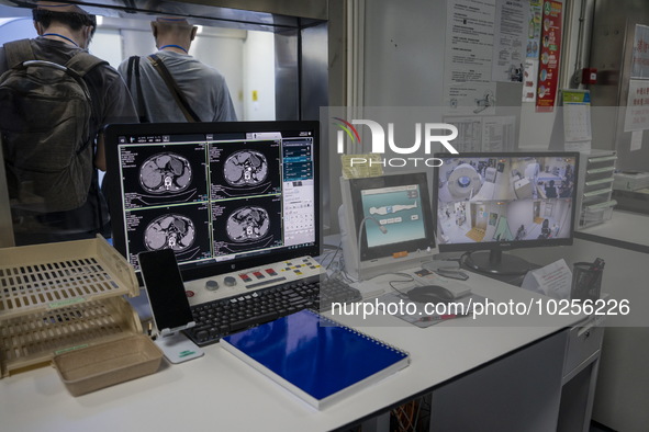 A General view showing a display screen showing a CT Scan inside the Central Government-aided Emergency Hospital on July 11, 2023 in Hong Ko...