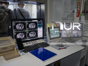 A General view showing a display screen showing a CT Scan inside the Central Government-aided Emergency Hospital on July 11, 2023 in Hong Ko...