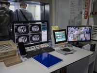 A General view showing a display screen showing a CT Scan inside the Central Government-aided Emergency Hospital on July 11, 2023 in Hong Ko...