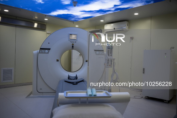 A General view showing a CT Scanner inside the Central Government-aided Emergency Hospital on July 11, 2023 in Hong Kong, China. The Hospita...