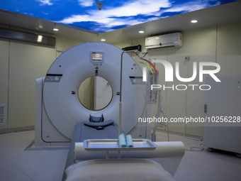 A General view showing a CT Scanner inside the Central Government-aided Emergency Hospital on July 11, 2023 in Hong Kong, China. The Hospita...