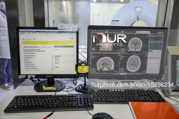 A General view showing a display screen showing a CT Scan inside the Central Government-aided Emergency Hospital on July 11, 2023 in Hong Ko...