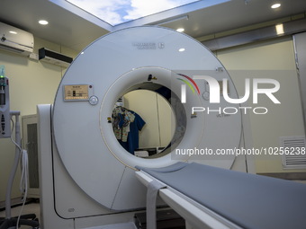 A General view showing a CT Scanner inside the Central Government-aided Emergency Hospital on July 11, 2023 in Hong Kong, China. The Hospita...