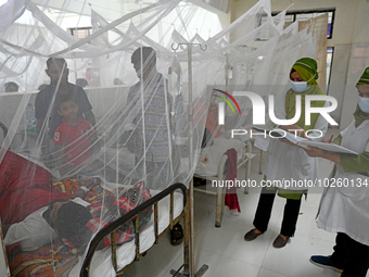 Nurse treats a patient covered with mosquito nets suffering from dengue fever rest inside the 'Shaheed Suhrawardy' Medical Colleague Hospita...