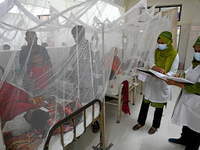 Nurse treats a patient covered with mosquito nets suffering from dengue fever rest inside the 'Shaheed Suhrawardy' Medical Colleague Hospita...