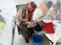 A relative pours water on the head of a dengue patient who are suffering from dengue fever rest inside the 'Shaheed Suhrawardy' Medical Coll...