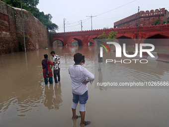 People click pictures near a flooded bridge behind the iconic Red Fort, after a rise in the waters of the river Yamuna due to heavy monsoon...