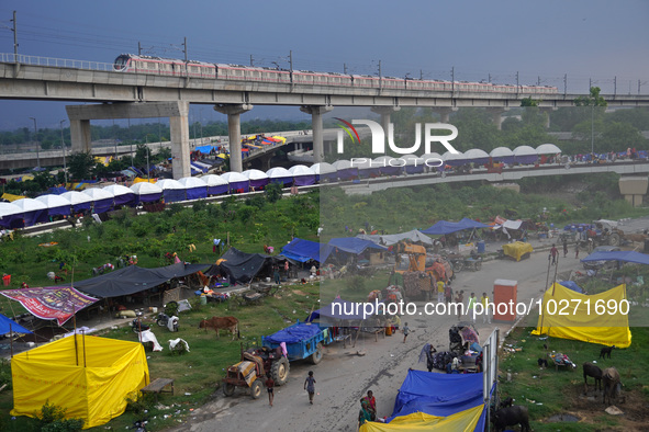 A metro train moves on a bridge as residents take shelter in a relief camp, after a rise in the waters of river Yamuna due to heavy monsoon...