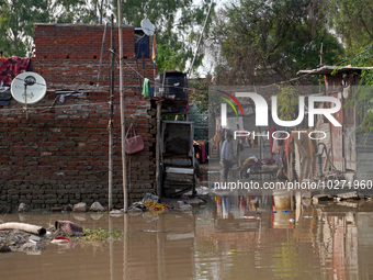 A man dries clothes in a waterlogged street outside his home in a low-lying area, after a rise in the waters of river Yamuna due to heavy mo...