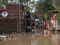 A man dries clothes in a waterlogged street outside his home in a low-lying area, after a rise in the waters of river Yamuna due to heavy mo...