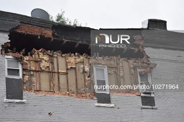 A housing structure partially collapses on Cedar Street in Garwood, New Jersey, United States on July 16, 2023. Due to the torrential rainfa...