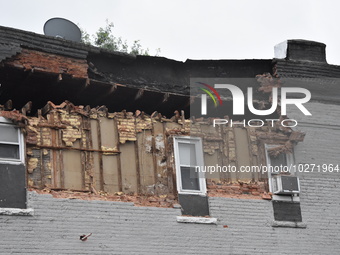 A housing structure partially collapses on Cedar Street in Garwood, New Jersey, United States on July 16, 2023. Due to the torrential rainfa...