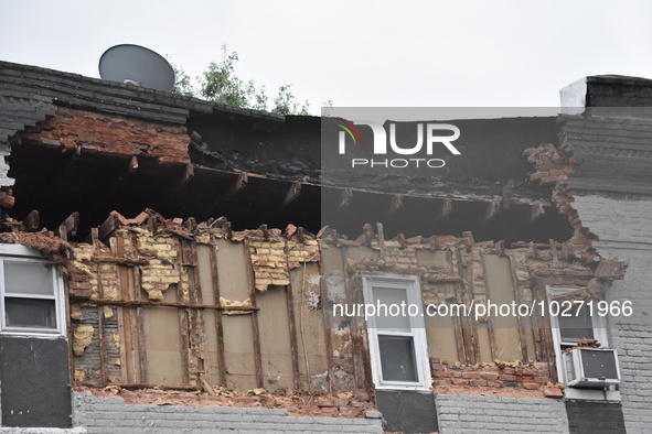 A housing structure partially collapses on Cedar Street in Garwood, New Jersey, United States on July 16, 2023. Due to the torrential rainfa...