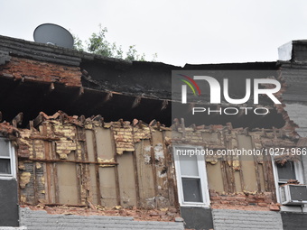 A housing structure partially collapses on Cedar Street in Garwood, New Jersey, United States on July 16, 2023. Due to the torrential rainfa...