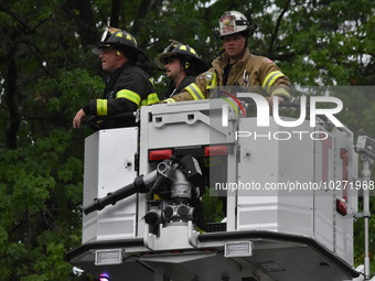 A housing structure partially collapses on Cedar Street in Garwood, New Jersey, United States on July 16, 2023. Due to the torrential rainfa...