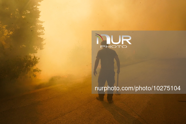 Fireman  during a wildfire in southern urban of Attica, Greece, on 17, July 2023. Fire fighting forces battling a blaze that broke out on Mo...