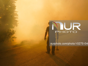 Fireman  during a wildfire in southern urban of Attica, Greece, on 17, July 2023. Fire fighting forces battling a blaze that broke out on Mo...