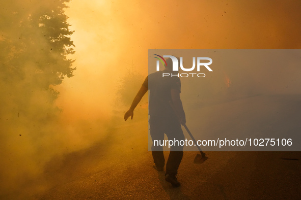 Residents fighting the fire  during a wildfire in southern urban of Attica, Greece, on 17, July 2023. Fire fighting forces battling a blaze...