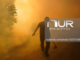 Residents fighting the fire  during a wildfire in southern urban of Attica, Greece, on 17, July 2023. Fire fighting forces battling a blaze...