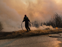 Fireman  during a wildfire in southern urban of Attica, Greece, on 17, July 2023. Fire fighting forces battling a blaze that broke out on Mo...