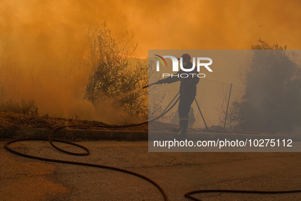 Fireman during a wildfire in southern urban of Attica, Greece, on 17, July 2023. Fire fighting forces battling a blaze that broke out on Mon...