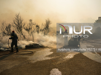 Fireman is fighting the fire  during a wildfire in southern urban of Attica, Greece, on 17, July 2023. Fire fighting forces battling a blaze...