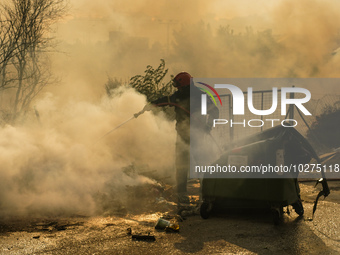 Fireman is fighting the fire  during a wildfire in southern urban of Attica, Greece, on 17, July 2023. Fire fighting forces battling a blaze...