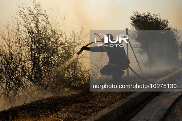 Fireman is fighting the fire  during a wildfire in southern urban of Attica, Greece, on 17, July 2023. Fire fighting forces battling a blaze...