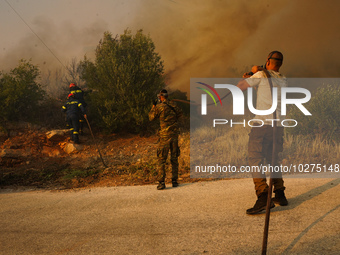 Fire during a wildfire in southern urban of Attica, Greece, on 17, July 2023. Fire fighting forces battling a blaze that broke out on Monday...