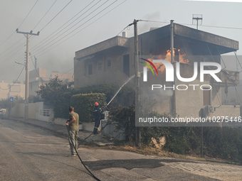 A firefighter operates  as flames engulf a house in Saronida near Athens, Greece on July 17, 2023. (