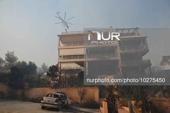 A firefighting helicopter flies over a house damaged by a raging wildfire in Saronida near Athens, Greece on July 17, 2023. 