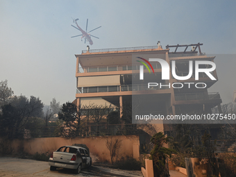 A firefighting helicopter flies over a house damaged by a raging wildfire in Saronida near Athens, Greece on July 17, 2023. (